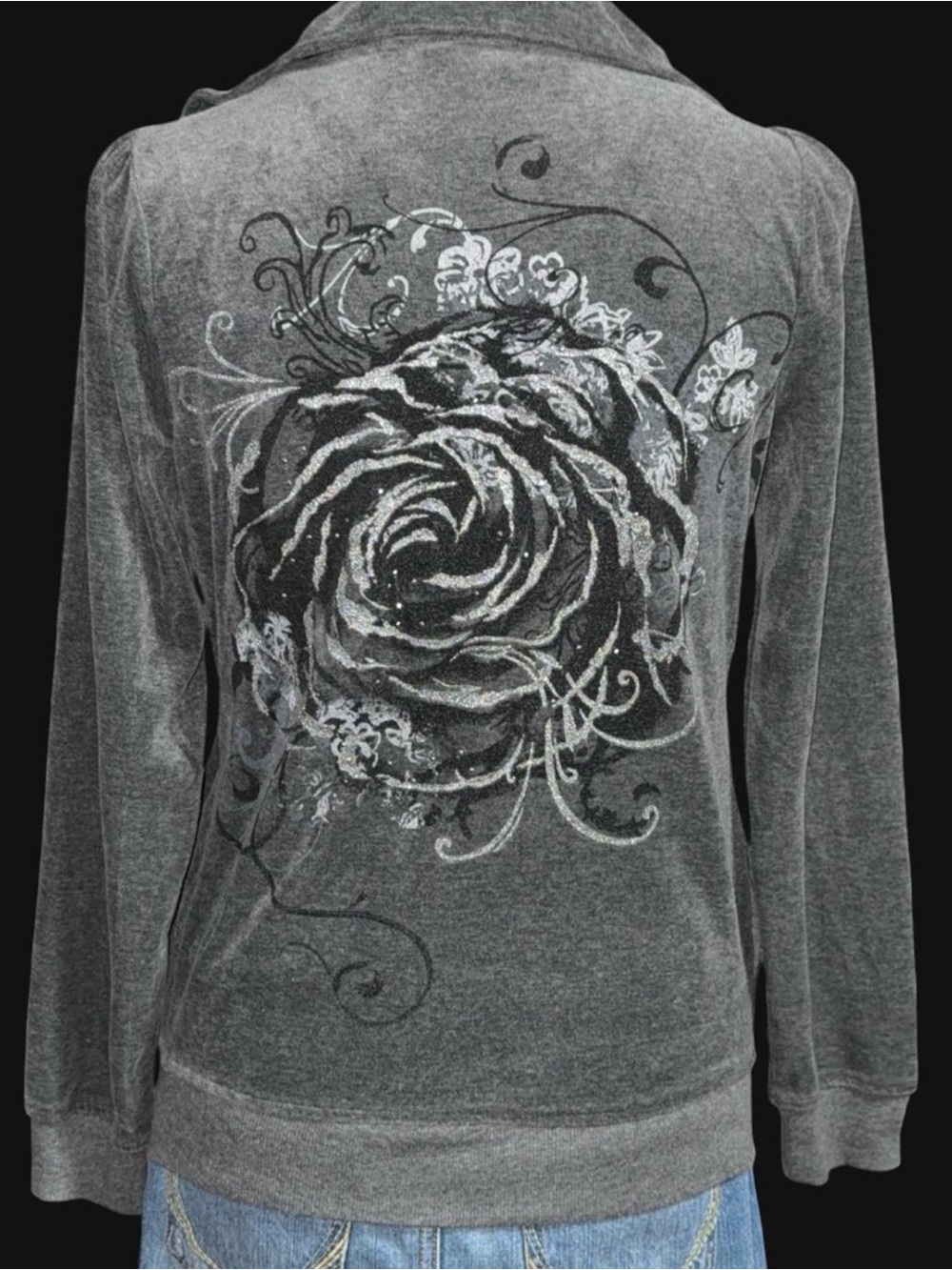 French Laundry Charcoal Gray Floral Swirl Back Hoodie Y2K